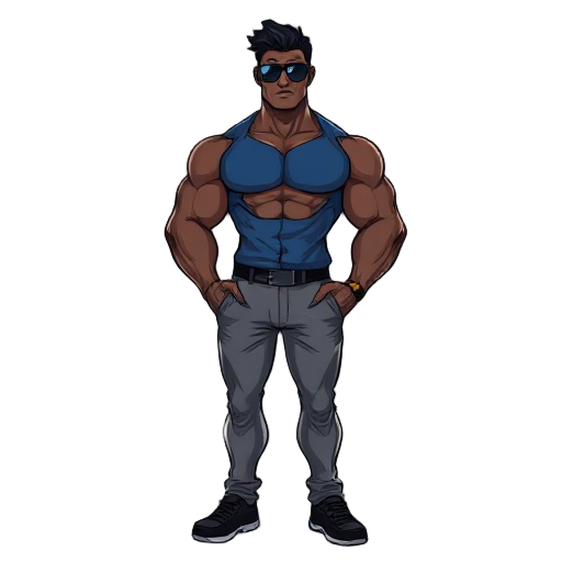 muscle body guy, dark skin, sunglasses, blue shirt, grey pants and black shoes 