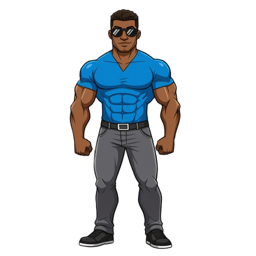 muscle body guy, dark skin, sunglasses, blue shirt, grey pants and black shoes 
