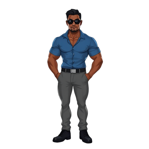 muscle body guy, dark skin, sunglasses, blue shirt, grey pants and black shoes 