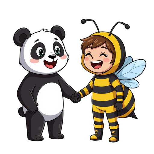 two people wearing costumes, a panda and a bee holding hands and laughing 