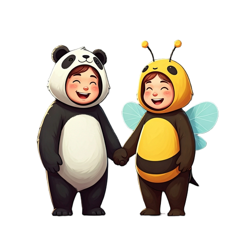two people wearing costumes, a panda and a bee holding hands and laughing 
