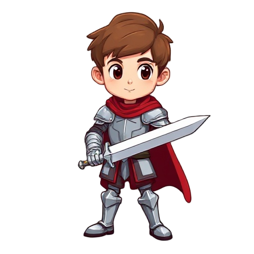 a young knight with short brown hair, wearing silver platemail armor with a red cape. they are wielding a simple one-handed sword