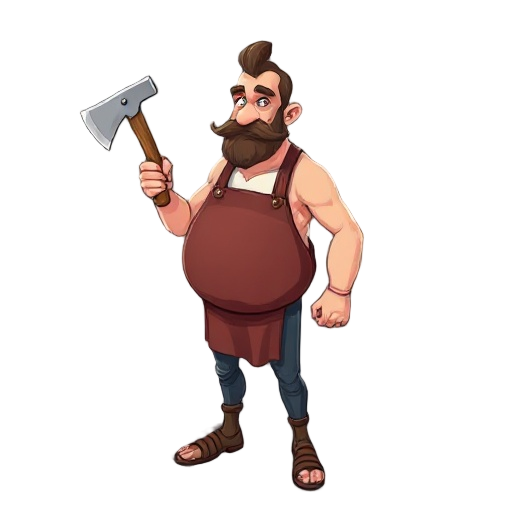 a tall slim butcher with a big and desproporniotal belly, hold an axe in one hand and a hook in the other
