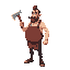 a tall slim butcher with a big and desproporniotal belly, hold an axe in one hand and a hook in the other
