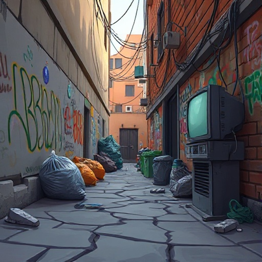 side view of alley, with cracked pavement, graffiti walls, trash bags, trash bags, tangled wires, old tv