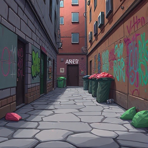 a alley, with cracked pavement, graffiti walls, trash bags.