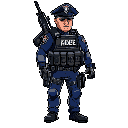 a federal police man, full with the bulletproof vest, an ar15 on his back, and in the vest there is the letters ade