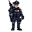 a federal police man, full with the bulletproof vest, an ar15 on his back, and in the vest there is the letters ade