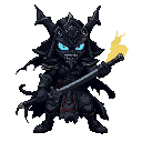 a demonic samurai war god in black armor and tattered robes, glowing blue eyes, spectral flames, and a cursed sword. ghostly, precise, and terrifying—a shadowed figure of arcane power.
