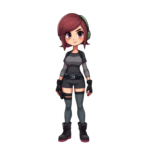 mulher, cabelos pretos com mechas roxas, blusa preta e calça militar preta 