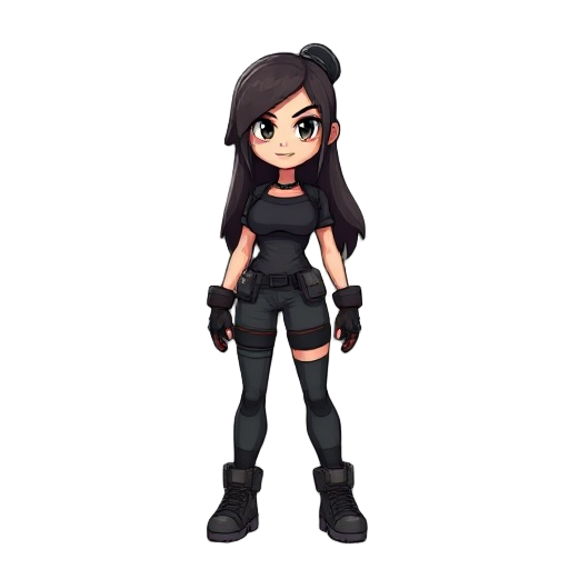 mulher, cabelos pretos com mechas roxas, blusa preta e calça militar preta, cabelo longo, estilo pixel