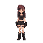 mulher, cabelos pretos com mechas roxas, blusa preta e calça militar preta, cabelo longo, estilo pixel