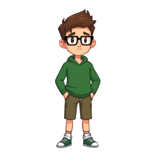 pixel man brown hair, glasses he has green clothes 