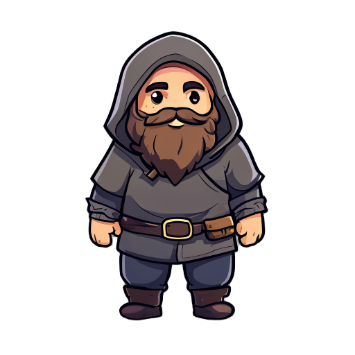 cute chubby bearded adventurer, hooded character facing right