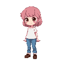 girl. small girl, pink hair, medium hair, brown eyes, white shirt, blue pants, brown shoes, overworld sprites