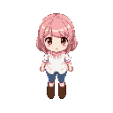 girl. small girl, pink hair, medium hair, brown eyes, white shirt, blue pants, brown shoes, top down view, overworld sprites