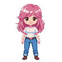 girl. small girl, pink hair, medium hair, brown eyes, white shirt, blue pants, , overworld sprites, rpg