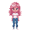 girl. small girl, pink hair, medium hair, brown eyes, white shirt, blue pants, , overworld sprites, rpg, top down view