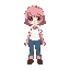 girl. small girl, pink hair, medium hair, brown eyes, white shirt, blue pants, brown shoes, overworld sprites