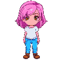 girl. small girl, pink hair, medium hair, brown eyes, white shirt, blue pants, brown shoes, overworld sprites