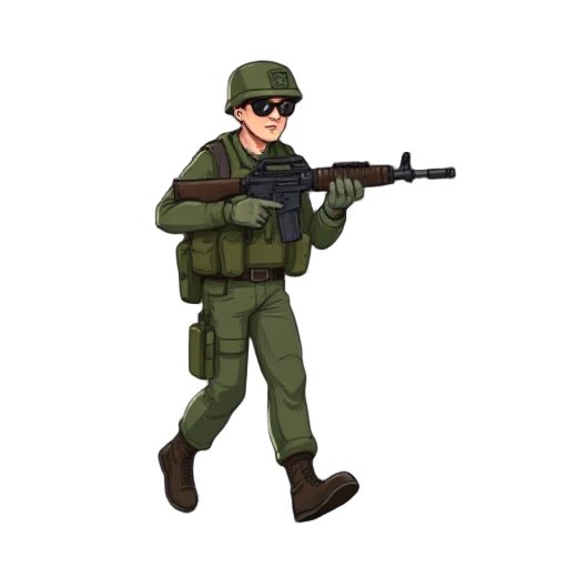 i want to generate sprite character of human soldier with ak-47 gun walking left, right, straight,back all direction
