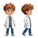 young scientist léo, 17 years old, messy light brown hair, blue eyes, white lab coat over casual t-shirt, jeans and sneakers. friendly, determined expression. 2d cartoon sprite with idle pose and walking pose, side view, vibrant colors, transparent backgr
