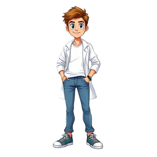 jovem cientista léo, 17 anos, cabelo castanho claro bagunçado, olhos azuis, jaleco branco sobre camiseta casual, jeans e tênis. expressão amigável e determinada. sprite 2d cartoon com pose idle e pose andando, visão lateral, cores vibrantes e fundo transp