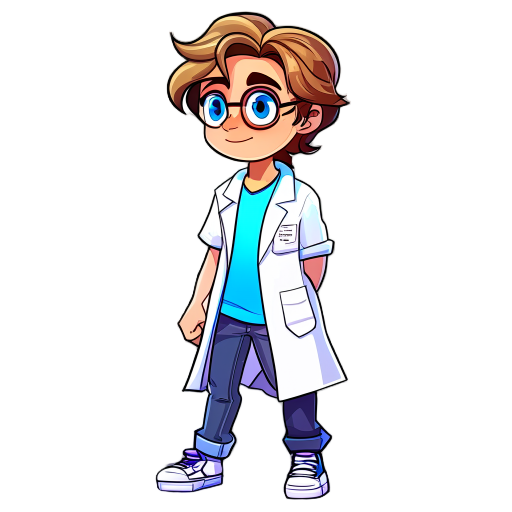 young scientist léo, 17 years old, messy light brown hair, blue eyes, white lab coat over casual t-shirt, jeans and sneakers. friendly, determined expression. 2d cartoon sprite with idle pose and walking pose, side view, vibrant colors, transparent backgr