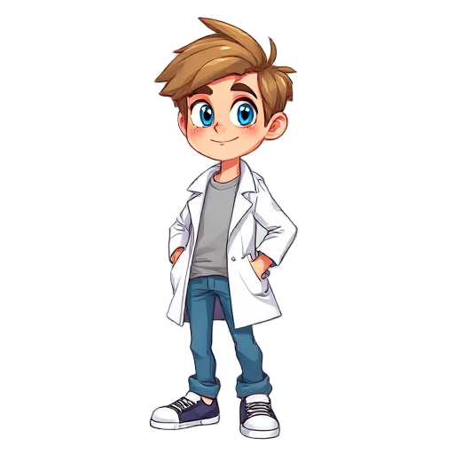 young scientist léo, 17 years old, messy light brown hair, blue eyes, white lab coat over casual t-shirt, jeans and sneakers. friendly, determined expression. 2d cartoon sprite with idle pose and walking pose, side view, vibrant colors, transparent backgr