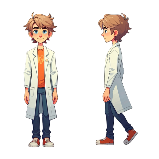 young scientist léo, 17 years old, messy light brown hair, blue eyes, white lab coat over casual t-shirt, jeans and sneakers. friendly, determined expression. 2d cartoon sprite with idle pose and walking pose, side view, vibrant colors, transparent backgr