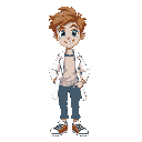 young scientist léo, 17 years old, messy light brown hair, blue eyes, white lab coat over casual t-shirt, jeans and sneakers. friendly, determined expression. 2d cartoon sprite with idle pose and walking pose, side view, vibrant colors, transparent backgr