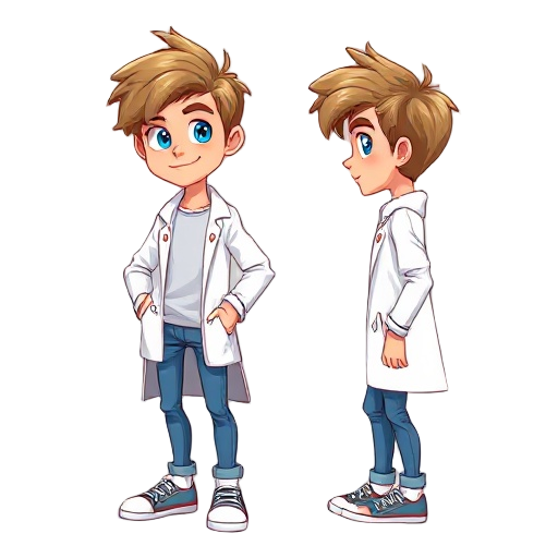 young scientist léo, 17 years old, messy light brown hair, blue eyes, white lab coat over casual t-shirt, jeans and sneakers. friendly, determined expression. 2d cartoon sprite with idle pose and walking pose, side view, vibrant colors, transparent backgr