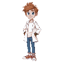 young scientist léo, 17 years old, messy light brown hair, blue eyes, white lab coat over casual t-shirt, jeans and sneakers. friendly, determined expression. 2d cartoon sprite with idle pose and walking pose, side view, vibrant colors, transparent backgr