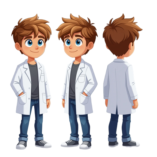 young scientist léo, 17 years old, messy light brown hair, blue eyes, white lab coat over casual t-shirt, jeans and sneakers. friendly, determined expression. 2d cartoon sprite with idle pose and walking pose, side view, vibrant colors, transparent backgr