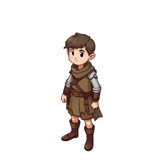 a human beginner in a medieval rpg, standing still. simple leather and cloth clothing, short sword or staff. transparent background.