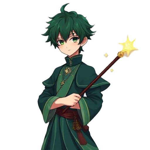 a dark green hair 21 years old boy - anime, genshin style, with a super detailed cloyhes lie witch clothes and a wand of stars and the sun