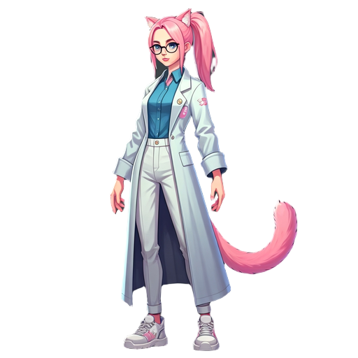 female character with cat ears, pink ponytail, pink-blue eyes, a pink cat tail, wearing a long laboratory gown, glasses, white pants, and sneakers.