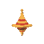 depict a conical spinning top from a perfectly straight side view .  the spinning top has no spindle and is just flat. the body tapers down to a pointed bottom. arou