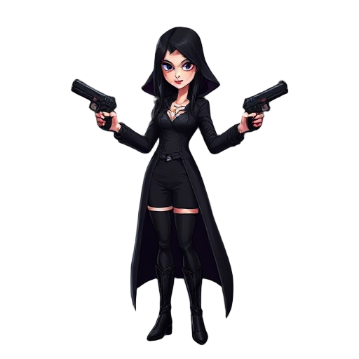 woman, vampire, black long, cloak, long hair to the elbow, boots with heels. in her hands two pistols.