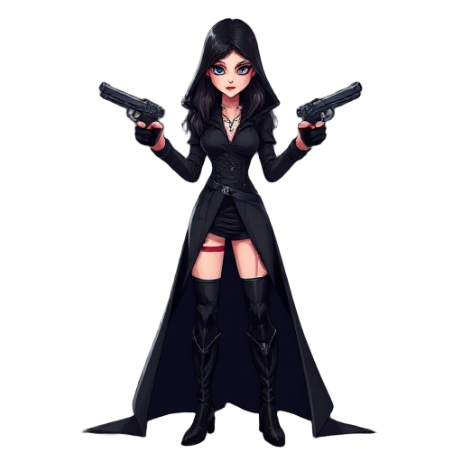 woman, vampire, black long, cloak, long hair to the elbow, boots with heels. in her hands two pistols. realistic drawing