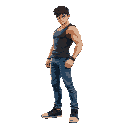 dbz style street fighter, jeans and a tank top, black sneakers , side profile