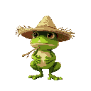 green frog wiht straw hat and straw in his mouth