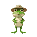 green frog wiht straw hat and straw in his mouth