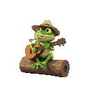 green frog with straw hat and straw in his mouth, sitting on a log with a guitar