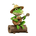 green frog with straw hat and straw in his mouth, sitting on a log with a guitar