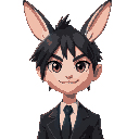 a ff14 viera bunny male with black short hair and a smug smile, black suit, handsome