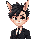 a ff14 viera bunny male with black short hair and a smug smile, black suit, handsome