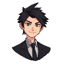 a ff14 viera male with black short hair and a smug smile, black suit, handsome