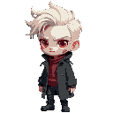  2d cartoon character. the character is 17-18 years old, has white hair like leon from resident evil, red eyes, white skin, facial scars, no beard, wearing a coat like 'elonglin'.