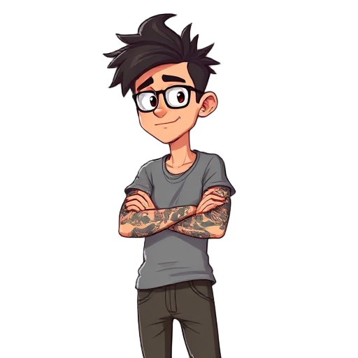tall male, standard build, messy medium hair, nerdy vibe, full tattooed arms, relaxed pose, casual clothes, looks chill and careless about hairstyle.